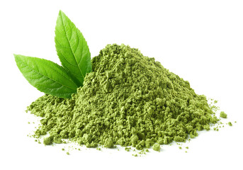 Heap of green matcha tea powder and leaves - obrazy, fototapety, plakaty
