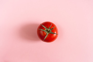 One red tomato in center of pink background. 