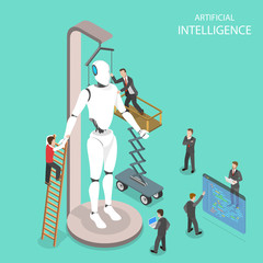 Flat isometric vector concept of artificial intelligence, cyber mind, machine learning, digital brain, cyberbrain.