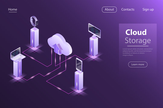 Flat isometric vector concept of cloud online storage, big data computing service, mobile device sync.