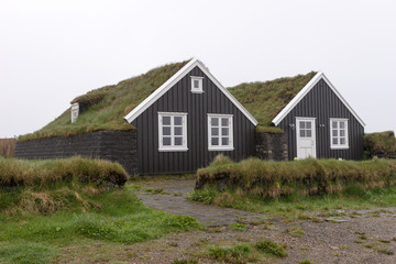 Traditional dark Icelandic houses with grass roof, Iceland