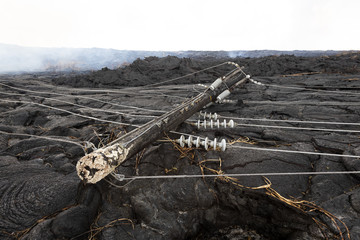 High voltage power line destroyed by a lava flow in Hawaii