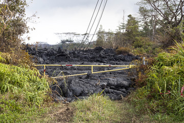 Lava flow in Hawaii, which has just stopped in front of a barrier