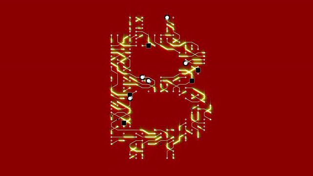 4k a futuristic circuit board with moving electrons shaped bitcoin currency sign,block chain,abstract electronic connections,Cripto currency bitcoin.Global internet finance,worldwide.
