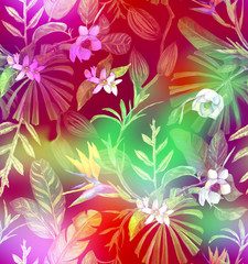 Tropical design for fashion: exotic leaves and orchid flowers in neon light. Seamless pattern. Watercolor