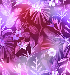 Tropical design for fashion: exotic leaves and orchid flowers in neon light. Seamless pattern. Watercolor