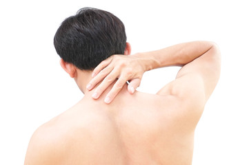 Closeup man hand holding neck or shoulder with pain on white background