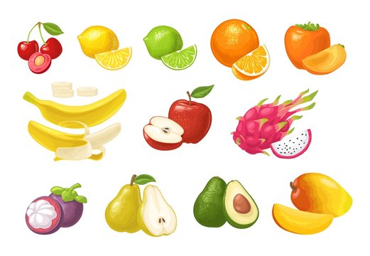 Set tropical fruits. Vector color flat illustration isolated on white