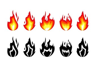 Fire icon of different shape. Fire flames isolated on white background. Vector illustration.