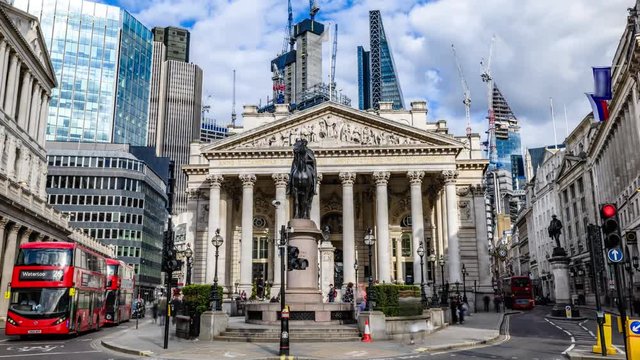 8k time lapse zoom in view of the Royal exchange near the Bank of England, in the City of London