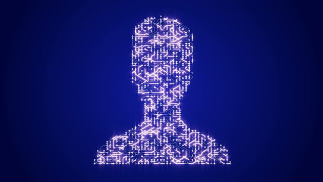 4k a futuristic circuit board with moving electrons shaped user symbol,head-portrait icon,electronic connections.