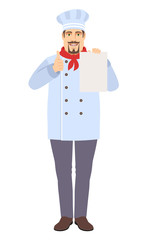 Chef showing thumb up and  showing the blank paper