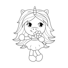 Cute baby unicorn holding flower, coloring page for girls. Vector.