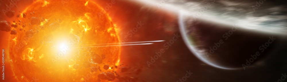 Wall mural exploding sun in space close to planet 3d rendering elements of this image furnished by nasa