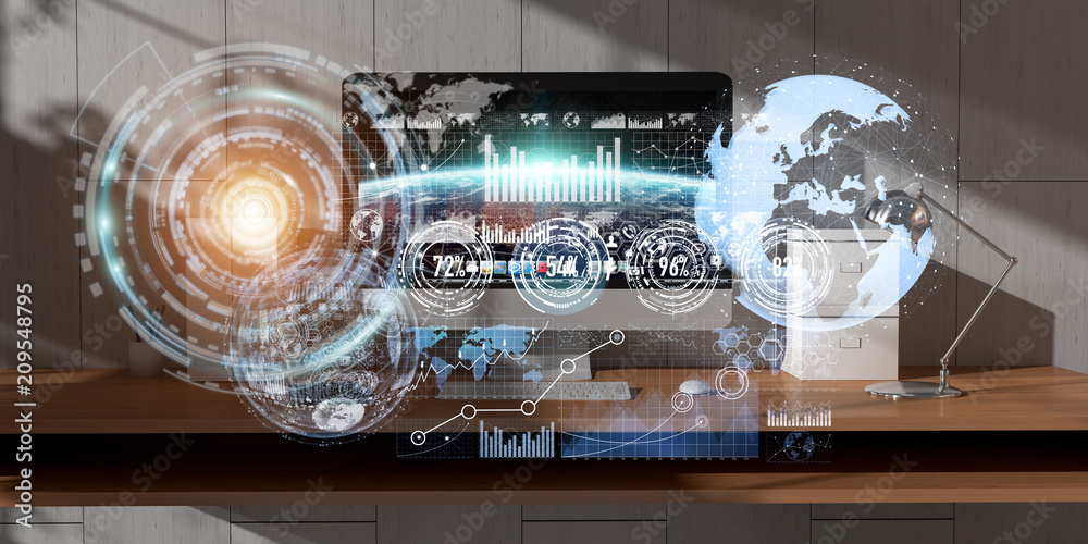 Poster workplace with modern devices and hologram screens 3d rendering