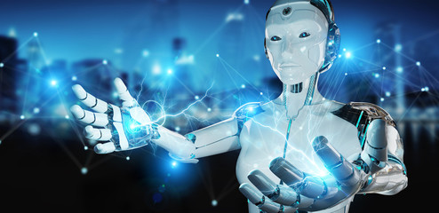White woman robot using digital network connection 3D rendering