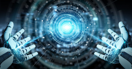 White humanoid hand using digital global network 3D rendering