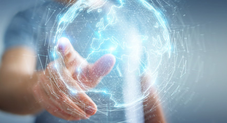 Businessman using globe network hologram with Europe map 3D rendering