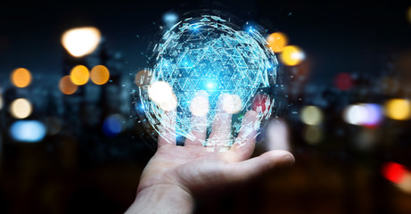 Businessman using digital triangle exploding sphere hologram 3D rendering