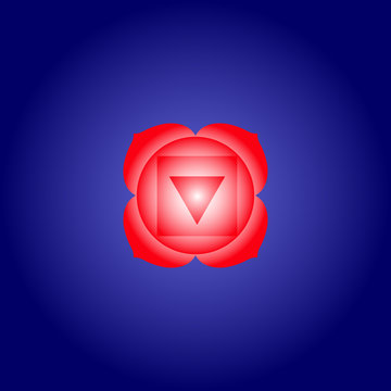 Root chakra Muladhara in red color on dark blue space background. Isoteric flat icon. Geometric pattern. Vector illustration eps10