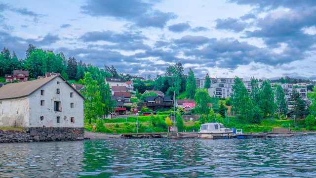 Lake with old building and boats