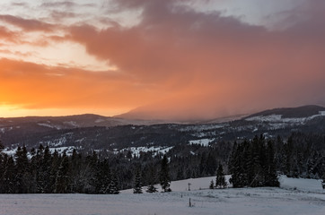 Winter mountain sunrise, Little Poland landscape