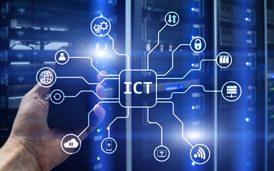 ICT - information and communications technology concept on server room background.