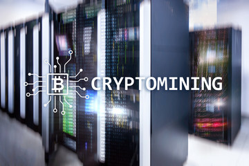 Cryptocurrency mining concept on server room background.