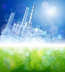 modern chemical manufacturing plant on a blue technological background with a stylized digital wave - the concept of modern technology, the new industrial revolution & information technology / vector