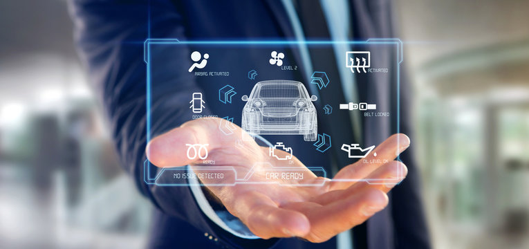 Man holding a Dashboard smartcar interface dashboard 3d rendering