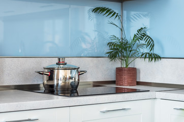 Stainless steel pot on induction electric hob.