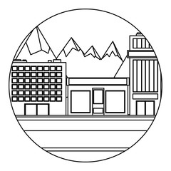 street with stores and buildings over mountains landscape in circular shape over white background, vector illustration