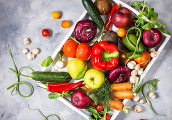 Raw organic vegetables with fresh ingredients for healthily cooking in white tray on concrete background
