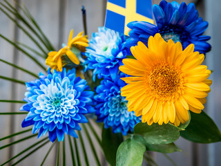 Yellow and blue flowers is the Swedish colors. Top view from above.