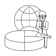 cartoon businessman sitting on pie chart over global sphere and white background, vector illustration