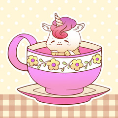 Cute little funny kawaii animal pet unicorn illustration in a tea coffee cup cartoon vector print illustration