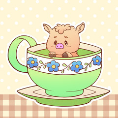piggy Cute little funny kawaii animal pet illustration in a tea coffee cup cartoon vector print illustration