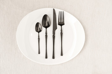 Black fork, knife, spoon and tea spoon with a white plate on a linen tablecloth.