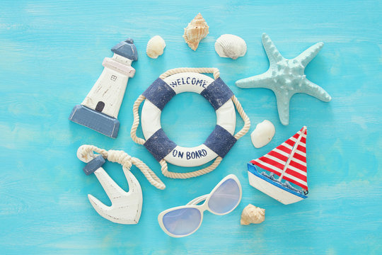 Tropical vacation and summer travel image with sea life style objects. Top view.