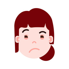 girl head emoji with facial emotions, avatar character, woman grieved face with different emotions concept. flat design. vector illustration