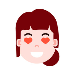 girl head emoji personage icon with facial emotions, avatar character, woman heart in eyes face with different female emotions concept. flat design. vector illustration