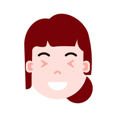girl head emoji personage icon with facial emotions, avatar character, woman satisfied face with different female emotions concept. flat design. vector illustration