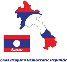 Fototapeta premium Map outline and flag of Laos in blue red and white circle color with name text of Laos.