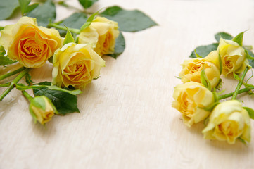 several yellow roses on a wooden background