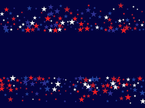4th of July Independence Day American Stars Falling Confetti Vector Background. Red, Blue White Stars Border Patriotic Background. US, American Independence Day Banner, 4th of July Patriotic Bokeh.