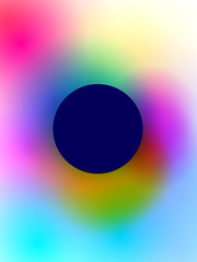 Vector abstract bright colorful neon poster illustration with circle shape & soft blurred background with transitions between color spots: red, green, pink, yellow & blue. Minimalistic template design