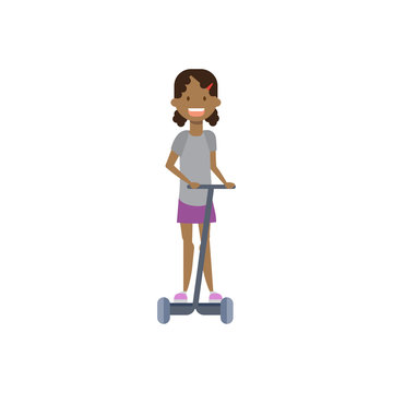 african young girl riding kick electro scooter over white background. cartoon full length character. flat style vector illustration
