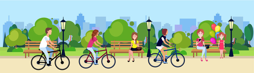 public park people relax sitting wooden bench outdoors walking cycling running green lawn trees on city buildings template background flat banner vector illustration