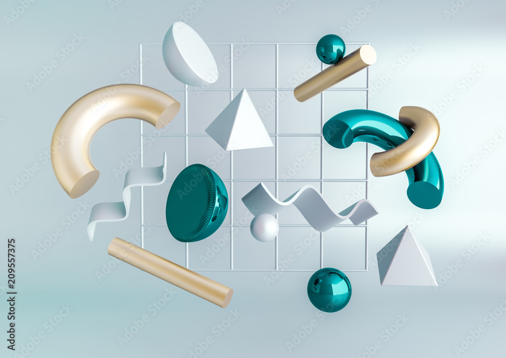 Wall mural 3d render realistic primitives composition. flying shapes in motion isolated on blue background. abs