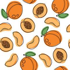 Peaches and apricots hand draw vector seamless pattern.